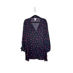 Catherines Apple Blouse Button Front in Black 3/4‎ Tie Sleeves 4X Lightweight
